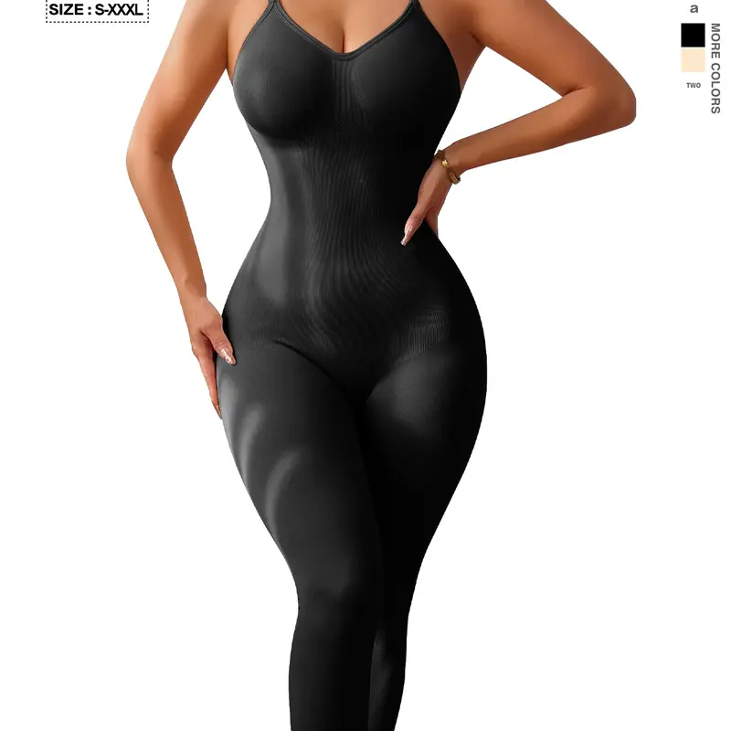 Women's Plain Spaghetti Strap Slimming Shaping Compression Bodysuit Shapewear, Long Pants Style, Tummy Control Shapewear, Abdominal Control, Casual All-Season Wear, Moderate Fabric Thickness, Underwear