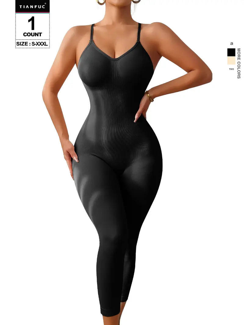 Women's Plain Slimming Shaping Bodysuit, Long Pants Style, Abdominal Control, Casual All-Season Wear, Moderate Fabric Thickness