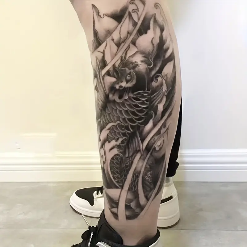 6 Large Herbal Tattoo Stickers, Containing 1 One Koi Elements and 5 Random Styles, Lasting for 7-15 Days, Waterproof and Anti-Friction, Realistic Effect, Suitable for People Who Don't Want Tattoo Pain