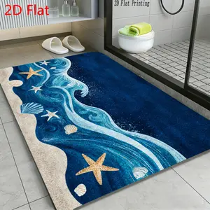 2D Flat, 1pc Non-Slip Ocean Bath Mat Suitable for Shower, Toilet & Door - Deep Blue Sea with Marine Elements, Soft Rug, Hand Washable Bath for Bathroom Decor, Modern Minimalist Mat for Home, 2D Flat accessories