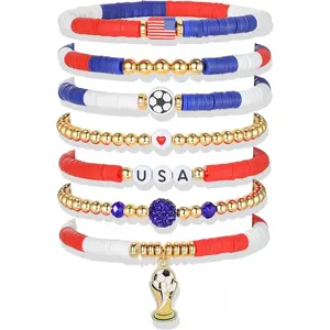 2026 World Cup Bracelet USA Flag Soccer Bracelet Made of Adjustable Polymer Clay Beads