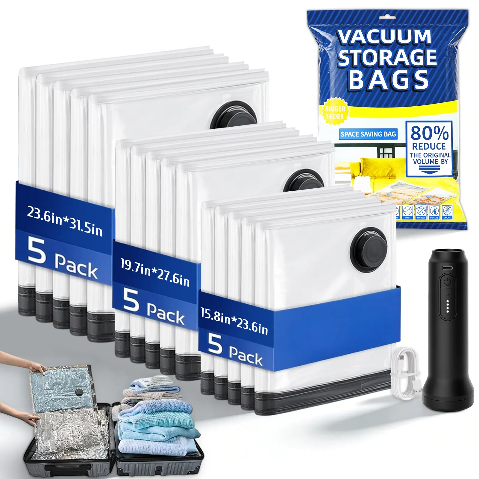 Cordless Vacuum Compression Zip Bags Set with Electric Pump, Carry-On Suitcase Luggage Packing Organizer Kit, Vacuum Bag