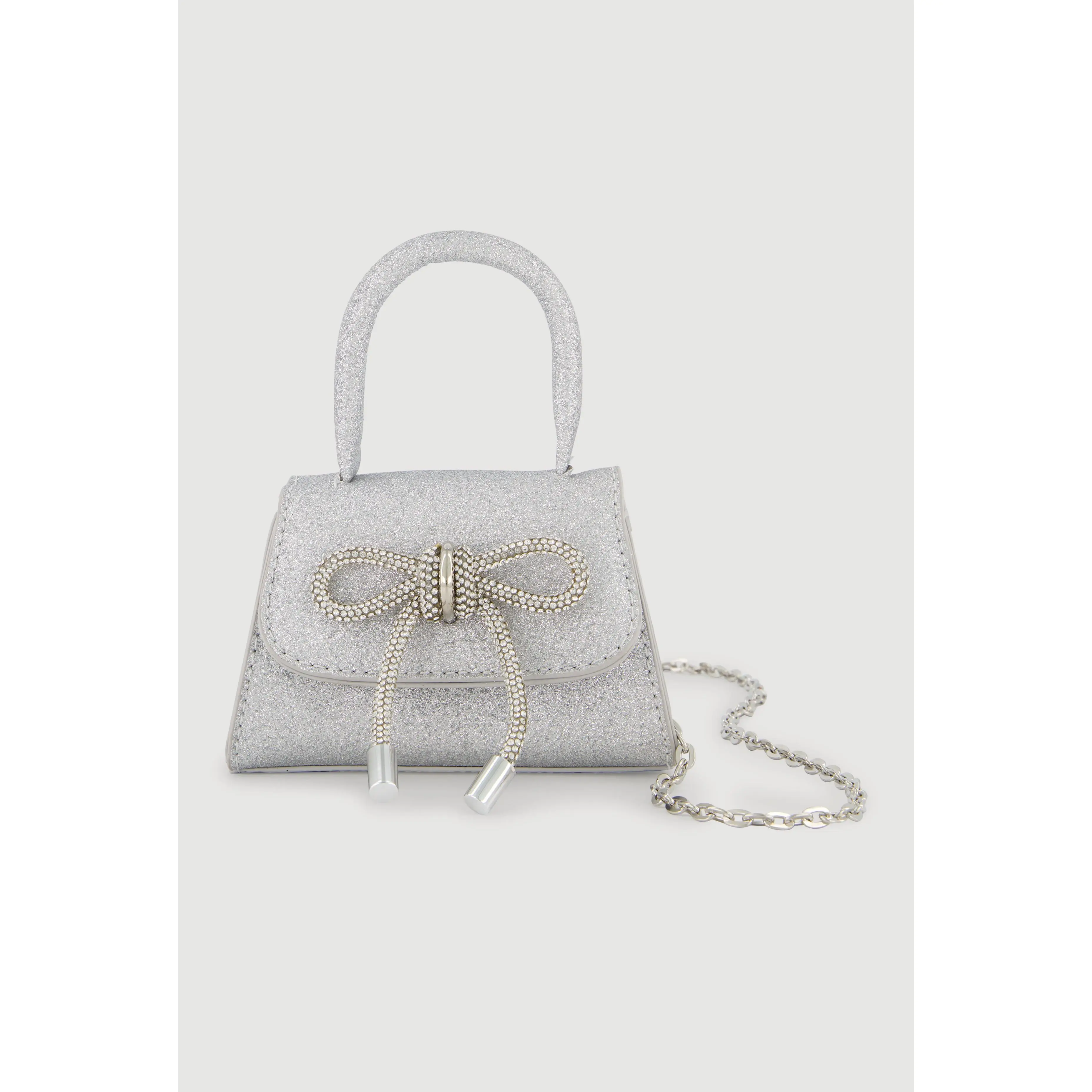 Rhinestone Bow Detail Glitter Crossbody Bag with Removable Chain Strap