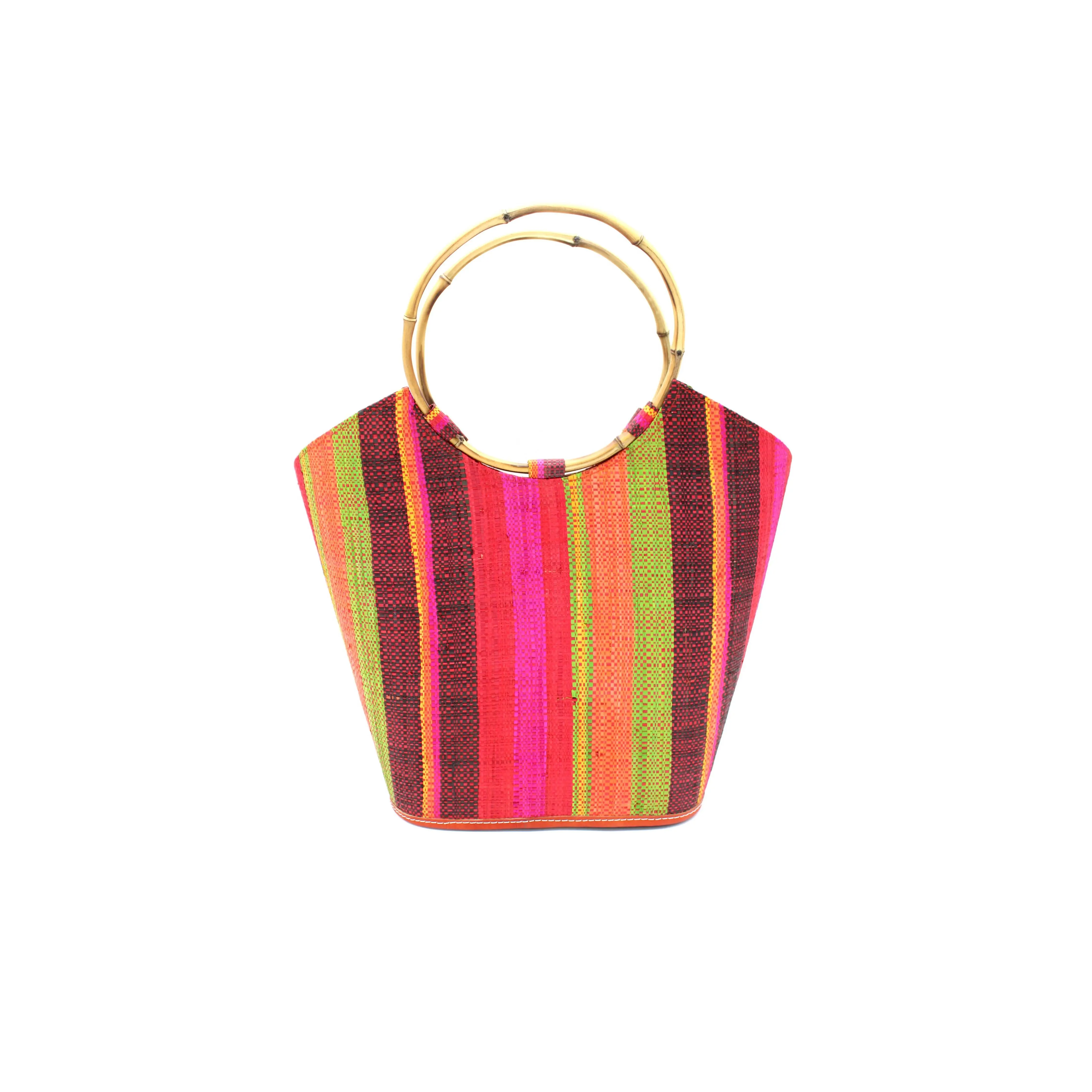 Watermelon Swirl Straw Bucket Bag with Bamboo Handles