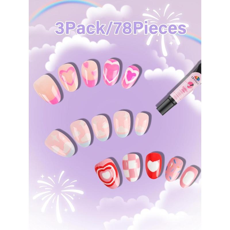 EBANKU 78Pcs 3 Pack Press on Nails kids, Children Acrylic Fake Nails Cute Full Cover Short Stick On False Nail Kits Set for Little Girls with Nail Glue