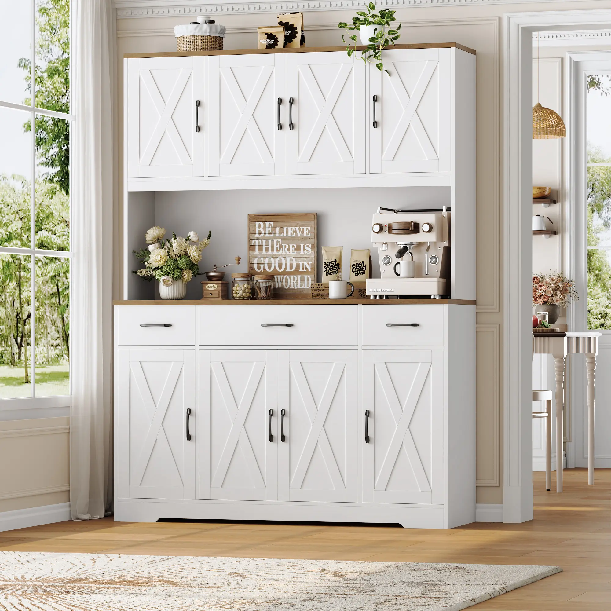 HOSTACK Farmhouse Cupboard - 71" Tall Sturdy Wood Adjustable Storage Cabinet with USB Charging Station (Power at Hand), Large Countertop, 3 Drawers, Drawers and Shelves Kitchen Furniture (2-Package Shipping)