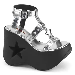 Demonia Dynamite-12 Silver Metallic Vegan Leather Sandals with 5" Star Cutout Platform Wedge & Star Studded Straps for Girls Summer Casual Walking Shoes