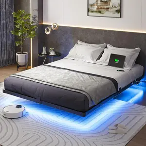 Size Floating Bed Frame with USB  Station and LED Lights, Modern Metal Platform Bed Frame with Mattress Slide Stopper, Noise Free No Box Spring Needed and Easy Assembly