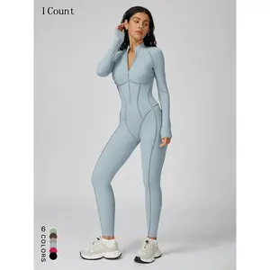 Women’s Zip-Up Mock Neck Shapewear Jumpsuit, Slim-Fit Workout Jumpsuit with High Stretch Design, Casual Sporty Clothing for Women, Sportswear Jumpsuits