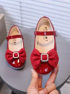 Girls' Cartoon Princess Flat Shoes, Bowknot Buckle Design, Velcro Strap, PU Leather Upper, Rubber Sole, Party & Daily Wear