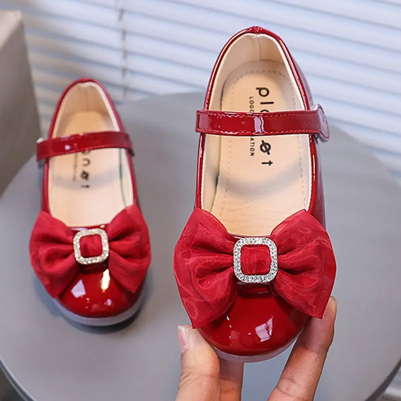 Girls' Cute Cartoon Bowknot Princess Flat Shoes, Velcro Strap PU Leather Upper Rubber Sole Shoes for Party & Daily Wear