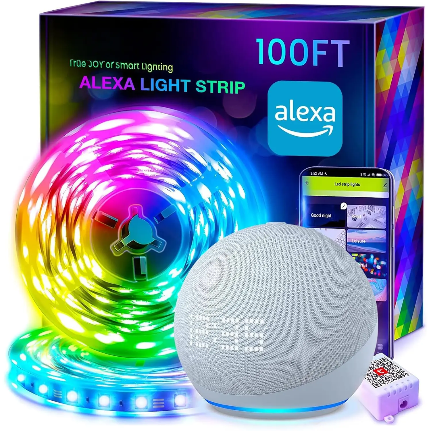 Led Strip Lights 100ft RGB Color Changing Music Sync LED Lights for Bedroom with Alexa, App Remote & Voice Control