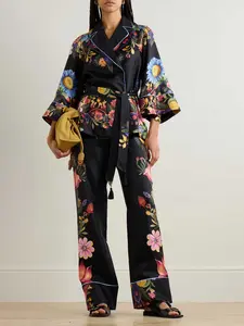 LikeMyChoice Exquisite Satin Floral Print Contrast Piping Wrap Lace-Up Sets for Women - Polyester Material, Reverse Collar, Middle Sleeve, Loose Style, Perfect for Vacation & Daily Wear Chic Piece Shirt Womenswear