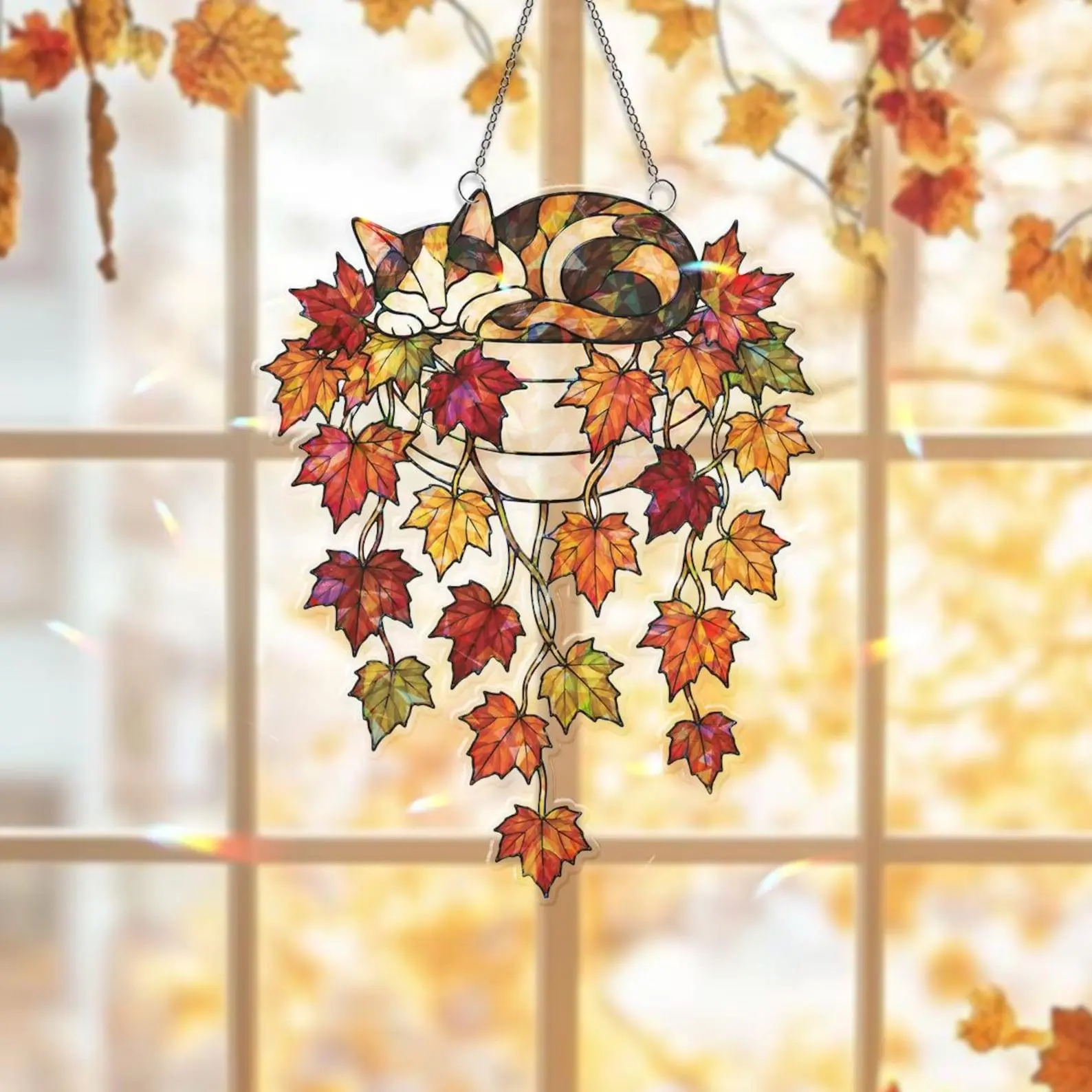 [Acrylic] Holographic Sleeping Cat Autumn Maple Leaf Suncatcher Window Hanging Ornament