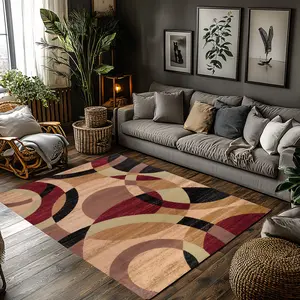 Modern Abstract Curved Geometric Crystal Velvet Area Rug Red Beige Brown Non‑Slip Contemporary Living Room Rug#AbstractCurvedRug #GeometricRug #ContemporaryHomeDecor #RedBeigeBrownCarpet #CrystalVelvetRug