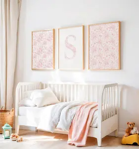 Set of 3 Custom Pink Floral Nursery Print Personalised Initial Letter Chinoiserie Wall Art Teen Girl Coquette Dorm Decor