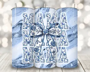 Blue Floral MAMA Tumbler with Bow – Glitter Marble Mother’s Day Gift