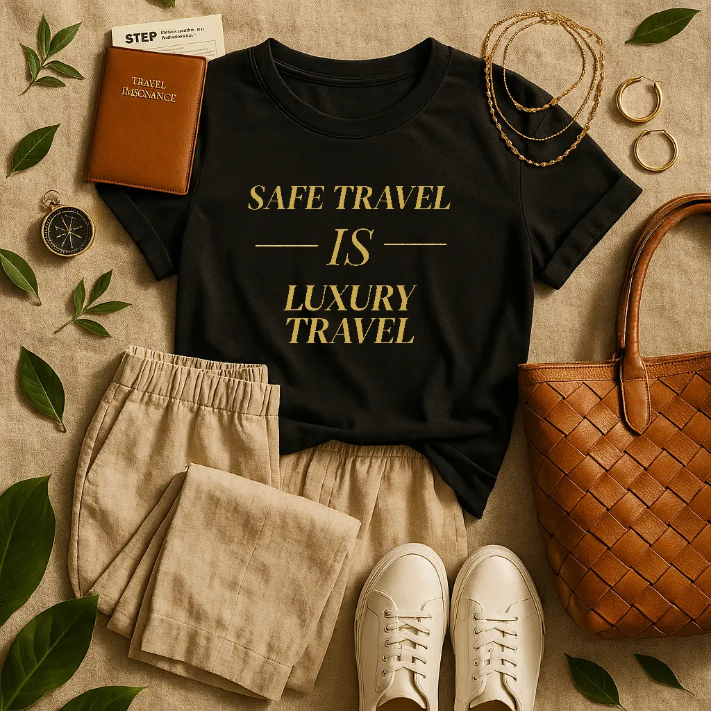 Safe Travel Is Luxury Travel T-Shirt | Gold Text Travel Tee