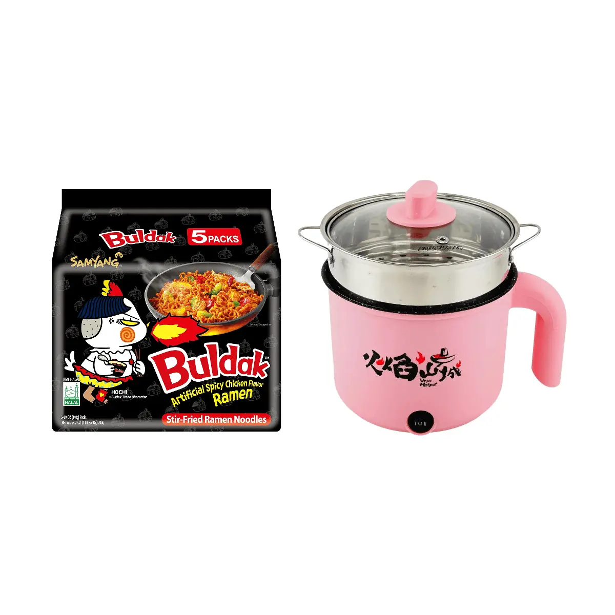 Samyang Buldak Ramen TK Combo - Spicy Chicken Stir-Fried Noodles 700g + Korean Fire Pot Single Serving Steamer Cooker