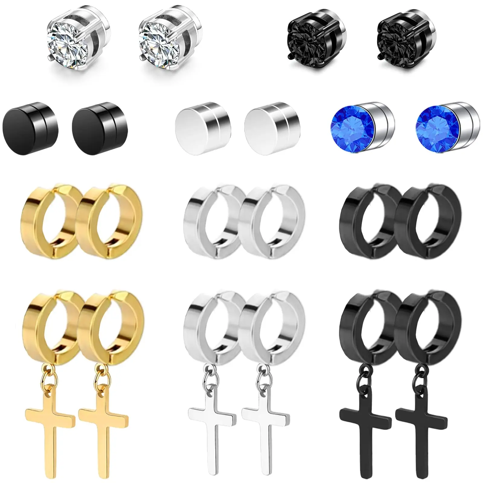 15-Pair Magnetic Ear Clip Set - Non-Pierced Fake Earrings, Black Cross Hoop Dangle for Men & Women 15-Pair Magnetic Ear Clip Set - Non-Pierced Fake Earrings, Black Cross Hoop Dangle for Men & Women