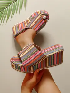 Women's Striped Textile Wedge Sandals, Summer Thick Sole Slippers, Bohemian Colorful Stripes, Beach, Vacation, Daily Wear