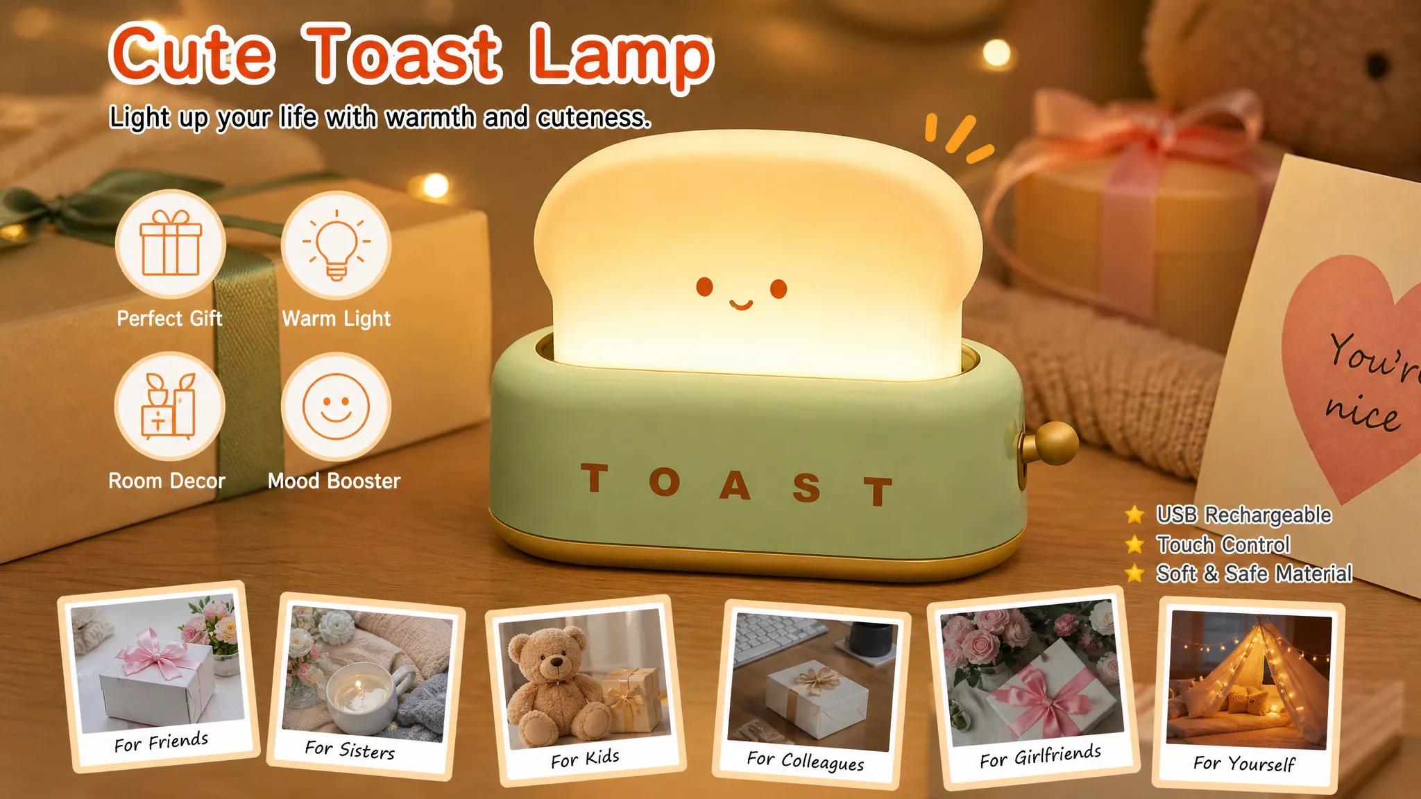 Cordless Rechargeable Kawaii Whimsical Aesthetic Toaster Lamp with Smile Face Toast Bread Design - Room Decor, Mood Lighting for Bedroom Bedside, Desk, College Dorm, Kids Room Gift, Electronic Lights, Family
