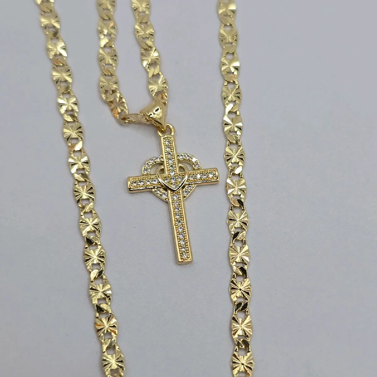 CROSS WITH double heart multi-stones regular chain style gold-plated 18"inches small size
