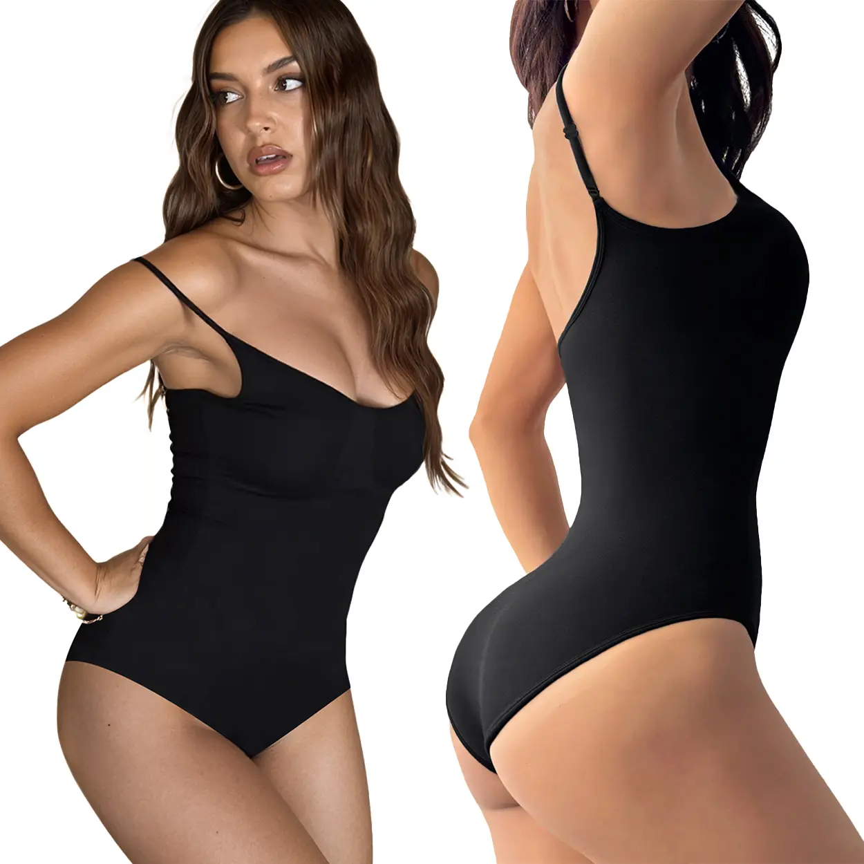Women's V-Neck Shapewear Bodysuit, Plain Stretch Tummy Control Body Contouring Tank with Adjustable Spaghetti Straps, Style, Body Shaping, Abdominal Control Shapewear Bodysuit