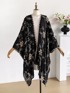 Elegant Leaf Embroidered Split Scarf, Loose Fit Conceals Belly, Versatile for Beach Swimsuit Coverup, Commute, Dates, All Seasons Fashion Accessory