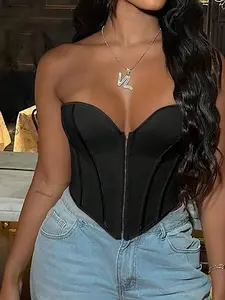 Apperloth Studio Women's Sexy Overbust Corset Summer Tube Tops With Bone Asymmetrical Bandeau Boho Backless Camisole Casual Sleeveless Basic Minimalist Short