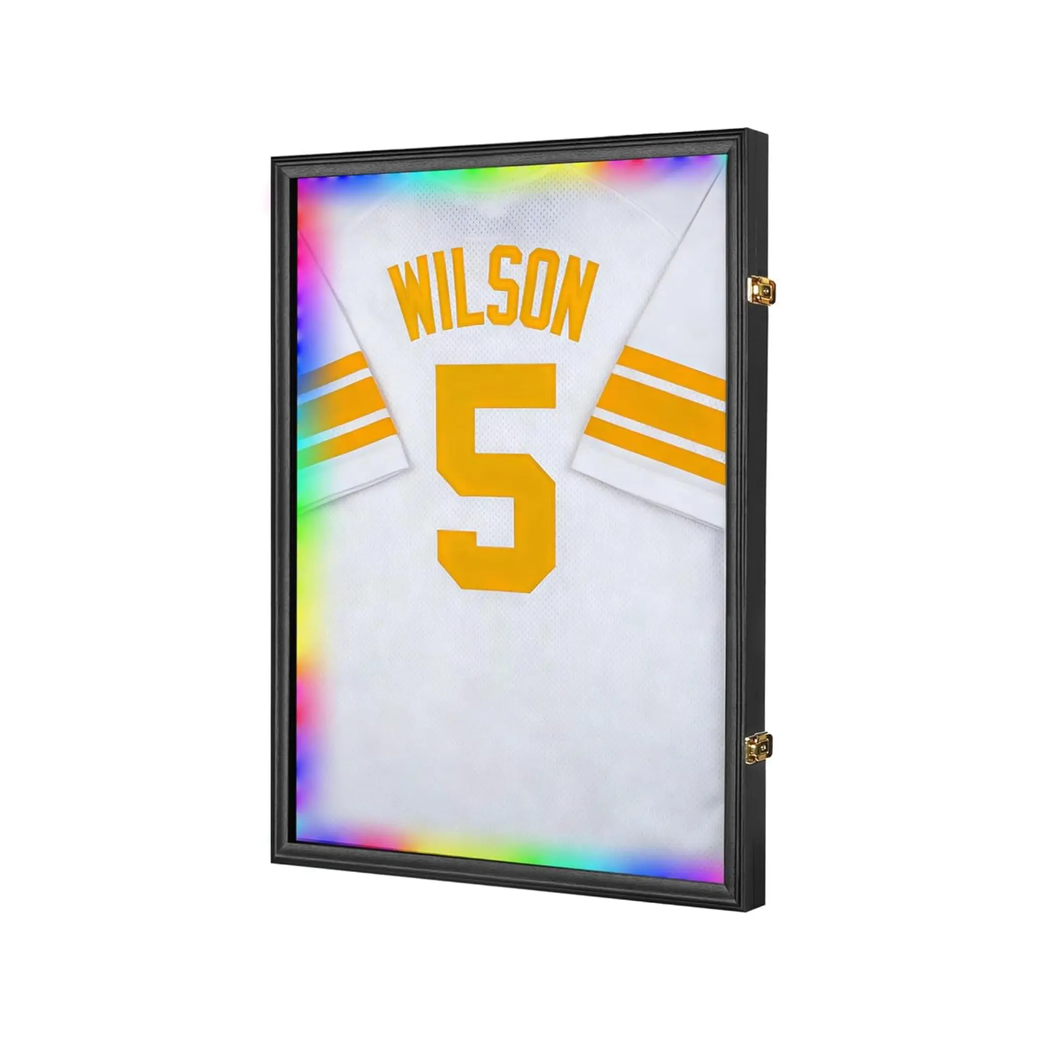 LED Jersey Display Case – Black Shadow Box with UV Protection Acrylic, Golden Anti-Theft Latch, Wall Mount & Hangers for Sports Jerseys