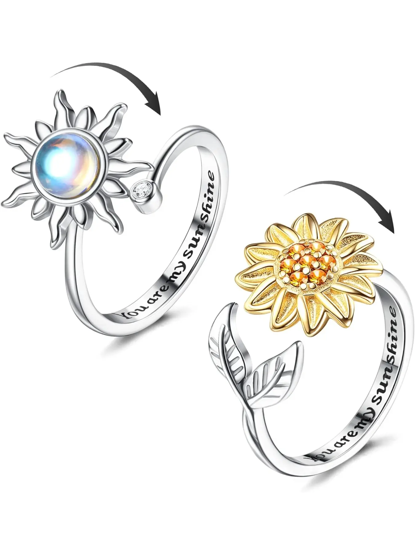 2Pcs Silver Anxiety Rings for Women Sunflower Fidget Ring Statement Multi Ring You are My Sunshine Anxiety Ring Moonstone Anti Stress Ring Adjustable Open Spinner Rings for Anxiety Women Stackable Finger Rings Stress Relief Ring Stress Relief Jewelry