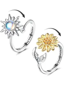 2Pcs Silver Anxiety Rings for Women Sunflower Fidget Ring Statement Multi Ring You are My Sunshine Anxiety Ring Moonstone Anti Stress Ring Adjustable Open Spinner Rings for Anxiety Women Stackable Rings