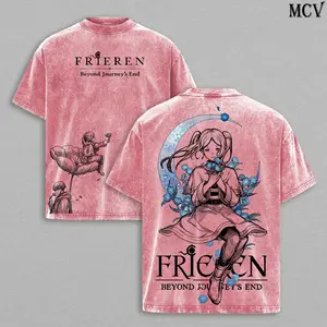 Menswear Frieren Beyond Journey’s End Oversized Vintage Washed Heavy Cotton T-Shirt & Hoodie Set - Round Neck, Short-Sleeve T-Shirt, Retro Unisex Streetwear Graphic Top, Fantasy Healing Journey Japanese Anime Merch