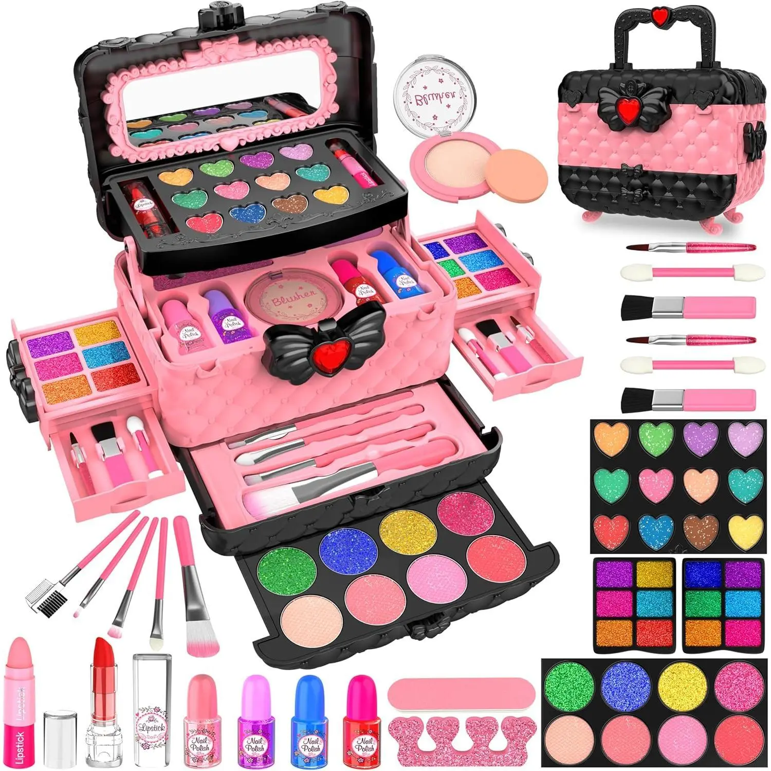 L-MTS037 54 Pcs Kids Princess Pretend Play Makeup Kit for Girls - Real Washable Cosmetics with Mirror, 18 Eye Shadow, Blush, Lipgloss, 1 Powder Puffer, Entertainment & Makeup Fun, Birthday Gifts for 3-10 Years Old Girls