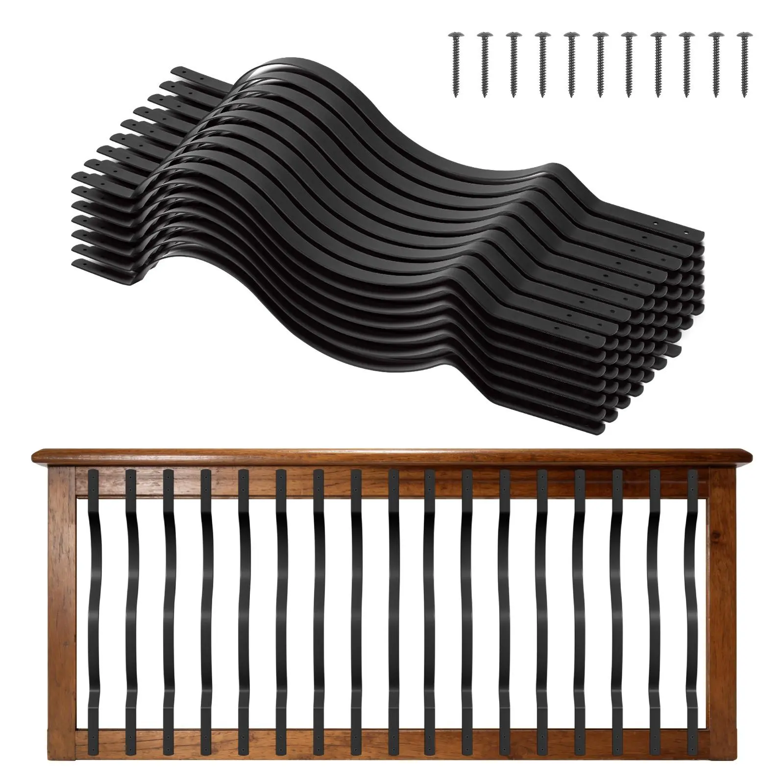 VEVOR 61-Pack Galvanized Steel Deck Balusters Kit, 32.28x1 in Railing Spindles with Screws & End Caps, Water-Resistant Wavy Design, Reduces Oversized Gaps for Outdoor Deck & Porch Fence, Black#SohoChic, Kit Pack