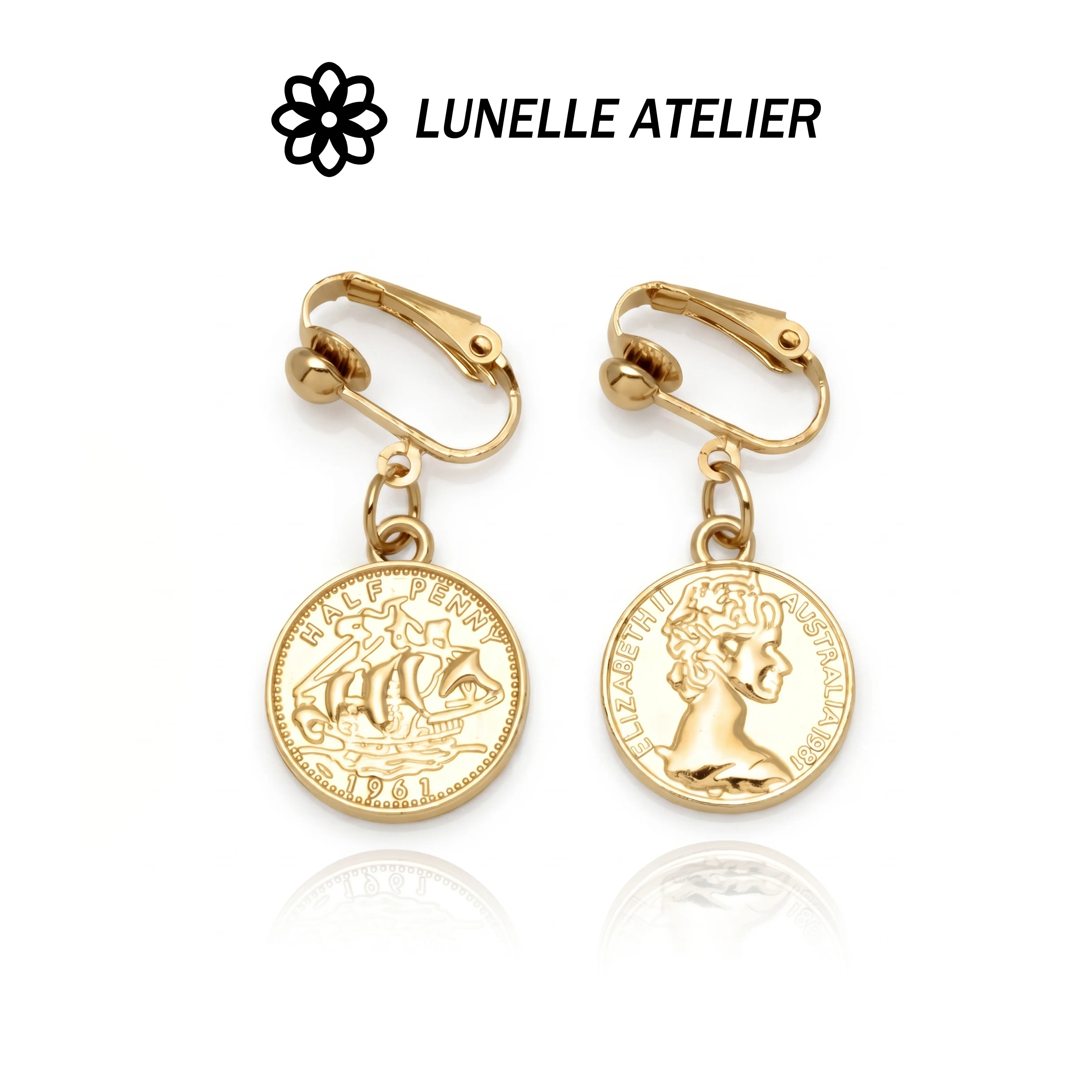 Hypoallergenic Gold Coin Clip Earrings for Women Vintage Medallion Alloy Double Sided Daily Wear Gift