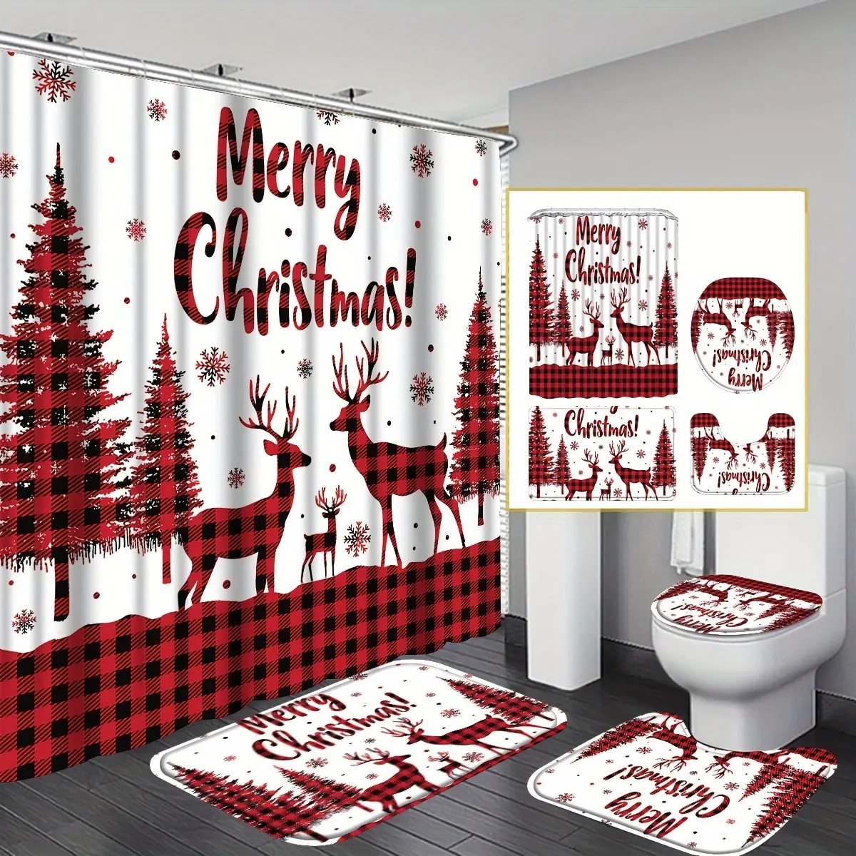 Ahty 4pcs Christmas Elk Shower Curtain Set, Shower Curtain with 12 Hooks, Non-Slip Bath, Toilet U-Shape, Toilet Lid Cover, Christmas Bathroom Decor with Red Snowflake Pattern, Christmas Bathroom Additions with And Shower Curtain