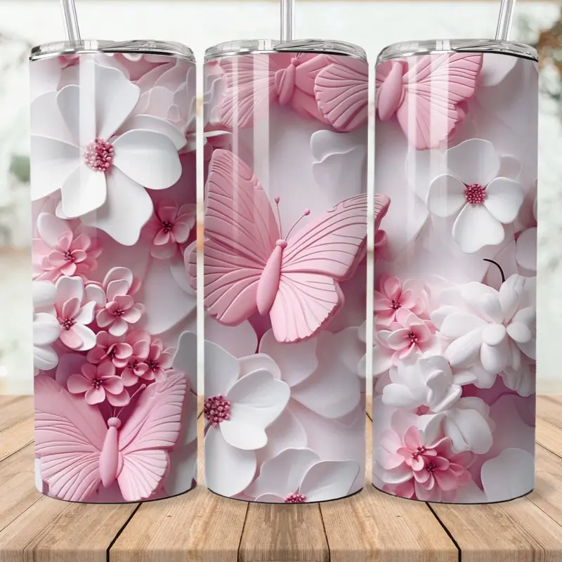 Butterfly 20oz 3D  Tumbler with Pink and White Floral Design and Butterfly  Bottle Drinkware
