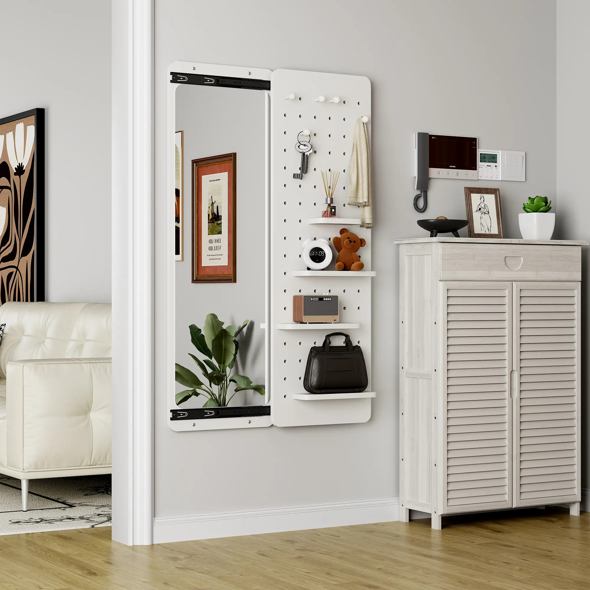 High Quality DIY Wall Mounted Mirror with 4-Layer Shelves & 5 Hooks Entryway Mirror for Living Room & Bedroom Space-Saving Easy Install Decor Wood Floating Shelves