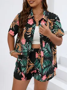 Plus Size Tropical Print Two-Piece Set, Summer Short Sleeve Shirt & Elastic Waist Shorts, Casual Vacation for Women Fitted