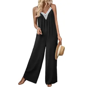Women's Boho Wide-Leg Romper Clothes - Sleeveless, Lace Trim, Chic, Minimalist Overalls for Plus Size