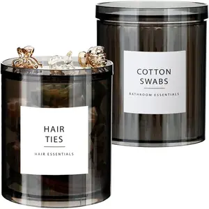 2-Pack Stackable Qtip Holder - 10oz Compact Black  Jars with Multifunctional  - Small Bathroom  Organizer for  Swabs, Balls, Floss Picks - Translucent Black