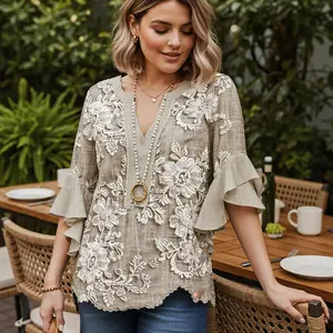 Bohemian V-Neck 3D Printed Women's Blouse with Soft Bell Sleeves Front Button Design Machine Washable Casual Semi Formal Top Vintage Floral Fitted Adjustable Fit