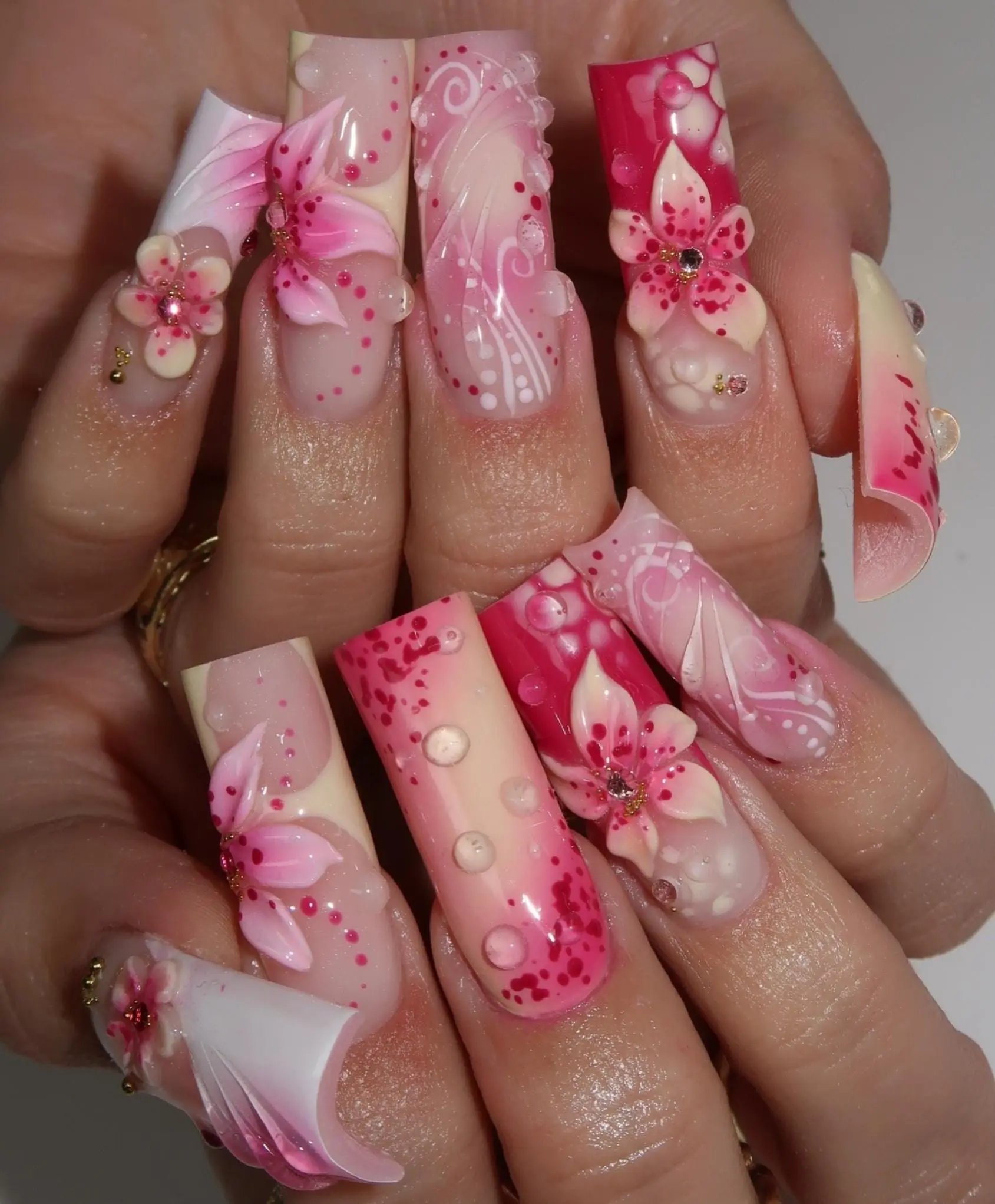 3D Pink Flower Press On Nails | Water Drop Long Square Nail Art | Handmade Reusable Summer Floral Nail Set
