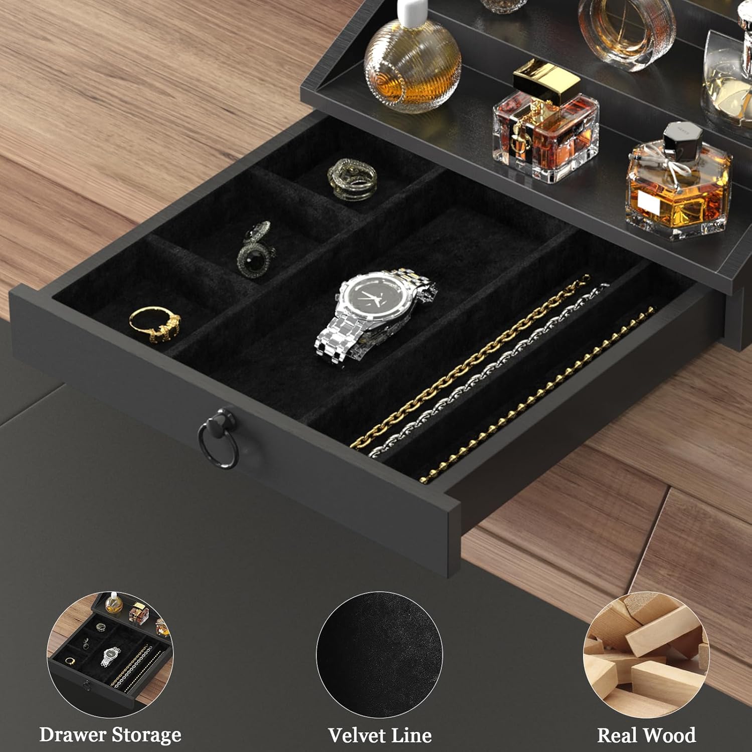 Wooden Cologne Organizer for Men 4 Tier Stand Shelf with Velvet Lined Drawer Hidden Storage Perfume Display Holder Classy Black Gift