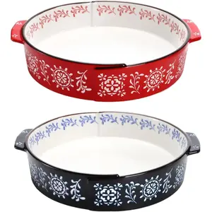 2 Pack Ceramic Pie Pans for Baking, 9 Inch Nonstick Pie Dish with Double Handle, 44 Oz Deep and Fluted Quiche Plate for Apple Pie, Cake, Tart, Oven Microwave Dishwasher Safe, Red, Blue