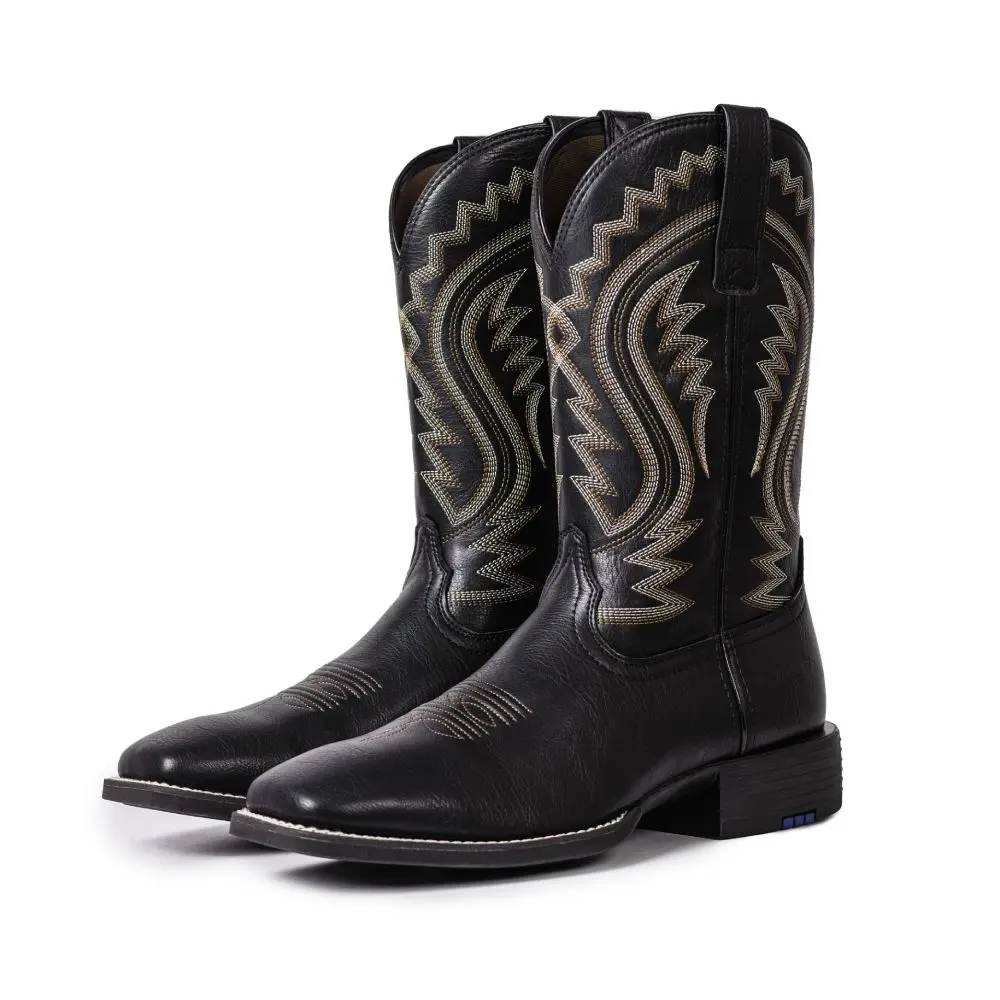 Palitutu Men's Black Square-Toe Western Cowboy Boots—mid-calf boots featuring vintage-style stitched embroidery and durable, non-slip rubber soles; versatile and easy to style. #CowboyBoots #WesternStyle