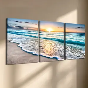 3 Count Wooden Frame Canvas Prints, Turquoise Beach Sunset Triptych Canvas Wall Art Decor, Ocean Wave Print, Contemporary Art, Exquisite Family Poster, Suitable for Living Room Corridor Wall, HD Inkjet Printing, Artwork
