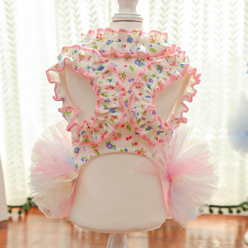 Pet Clothes Dog Cat Princess Mesh Dress Floral print Lace sleeveless Cute Breathable With Leash Ring D00048